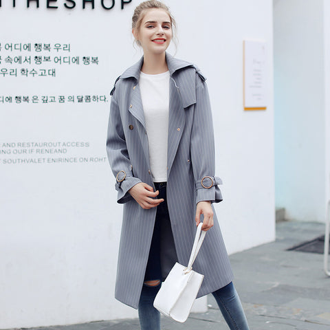 Qunitina 2017 Fashion Trench Ruffles Coat For Women Slim Long Style Full Sleeve Autumn Winter Trench Coat Striped With Sashes