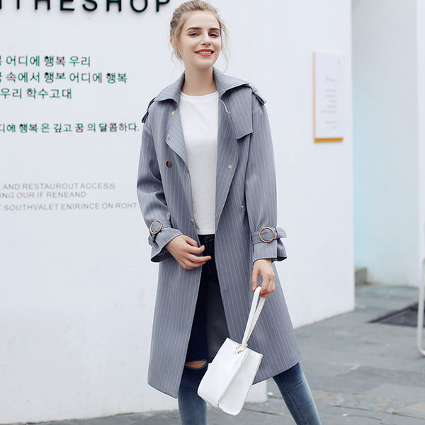 Qunitina 2017 Fashion Trench Ruffles Coat For Women Slim Long Style Full Sleeve Autumn Winter Trench Coat Striped With Sashes