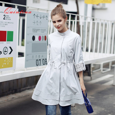 Qunitina 2017 New Fashion Mandarin Collar Trench Coat For Women Slim Long Style Full Sleeve Autumn Trench Coat Women