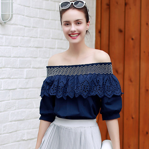 Fashion Summer Ladies Slash Neck Ruffles Women Tops Tees Off Shoulder Shirts Women's Tops Vintage Party Shirt