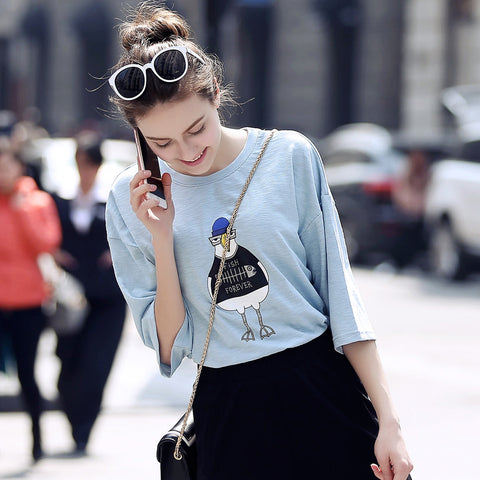 New Fashion Half Sleeve Printed Cartoon Top Tees Women Casual T-Shirt Plus Size O-Neck Loose Candy Color Summer T-shirt Women