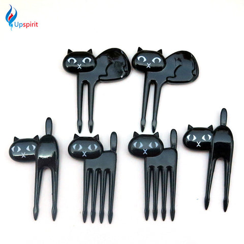 2016 New 6Pcs Mini Animal Fork Fruit Picks Cute Cartoon Cat Children Fork Bento Lunch Box Decor Accessories Black Color